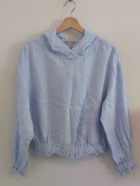 Linen Light Blue Hooded Pullover with Elastic Hem & Wrists